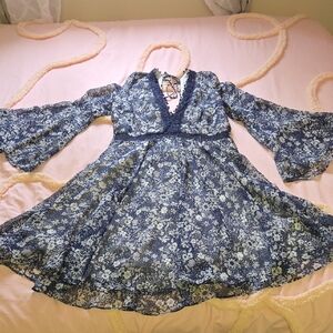 Navy Floral Long-Sleeve Sheer Flutter Dress
